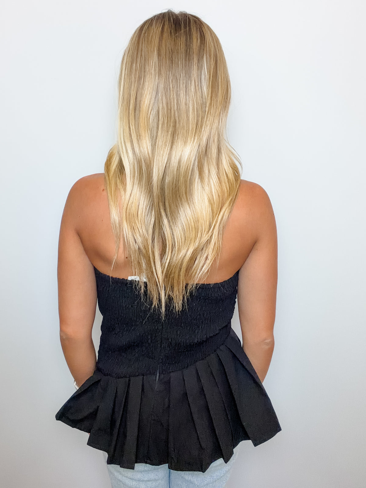 Solid Strapless Pleated Top