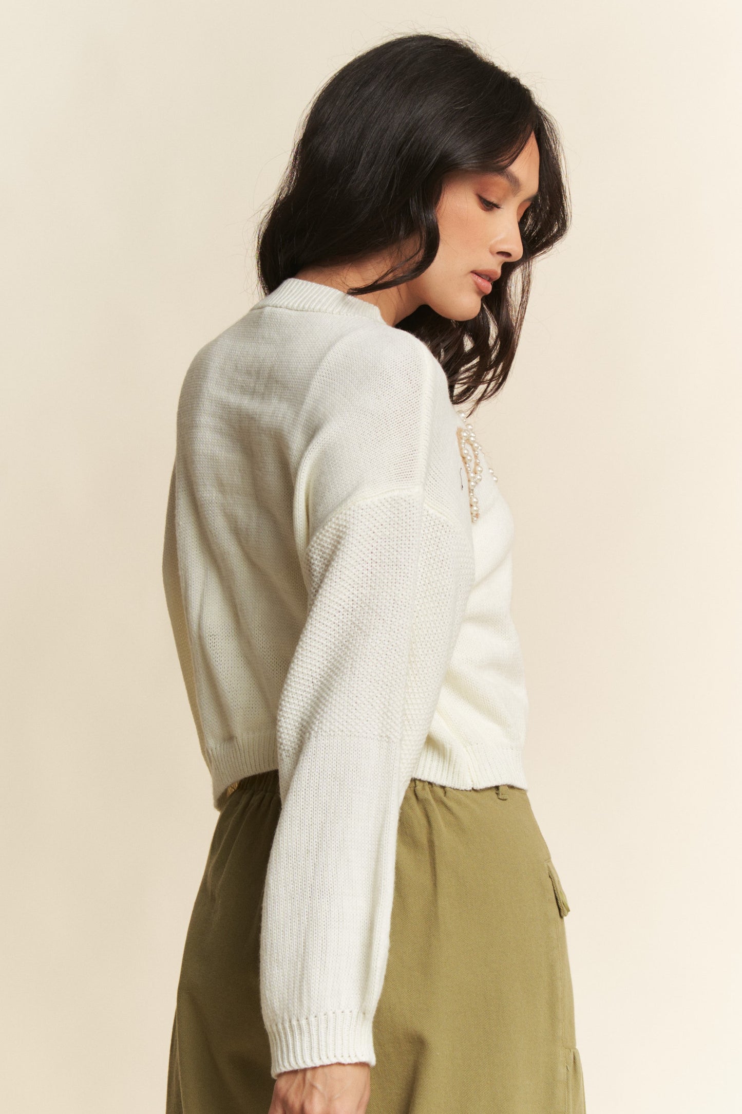 Lightweight Knit Pearl Studs Stone Sweater Top