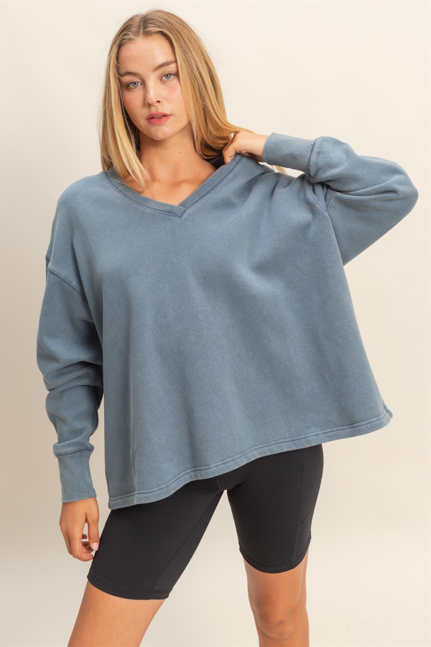 Oversized V-neck Sweatshirt With Raw Edge Detail