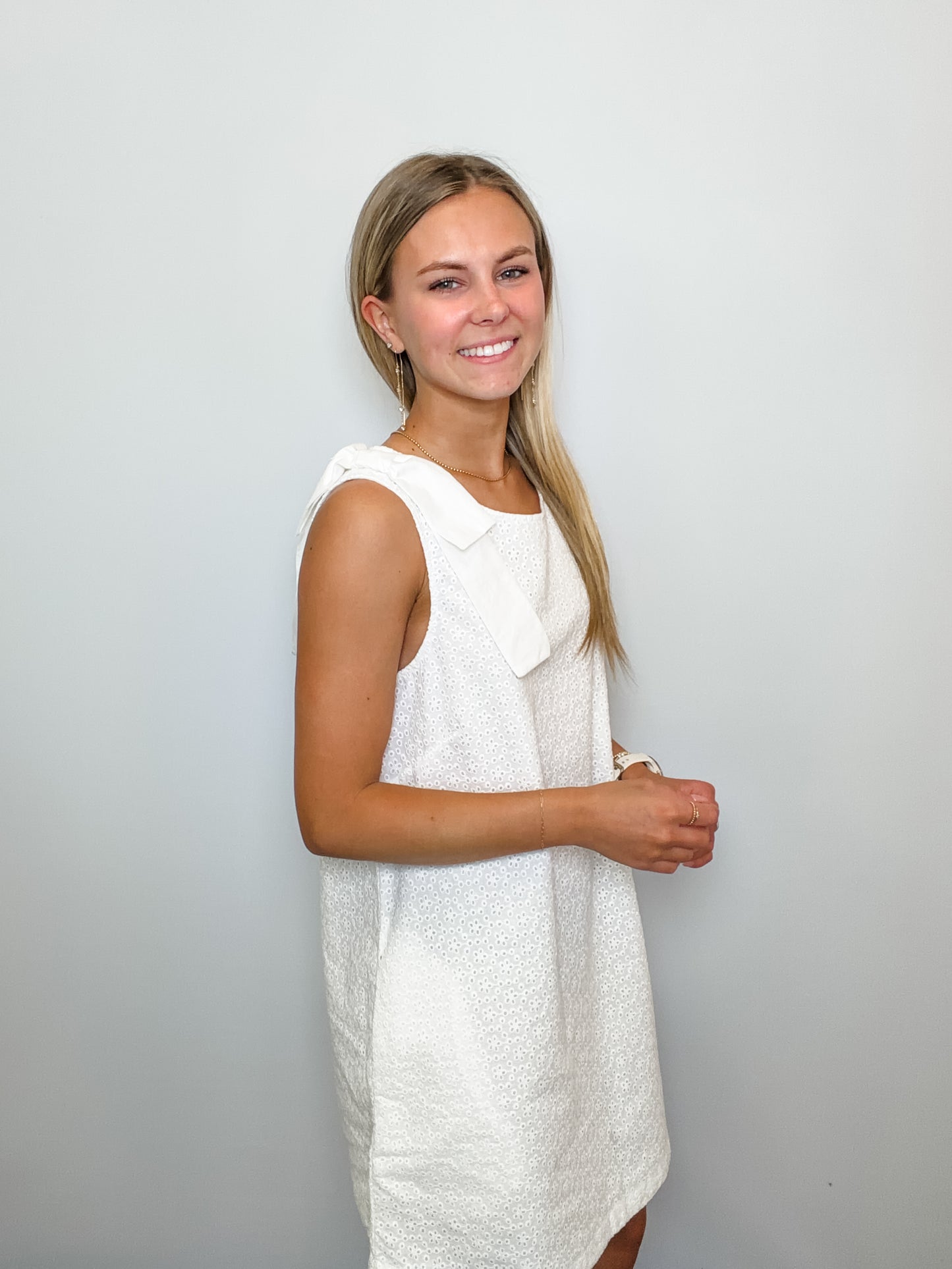 Bow Shoulder Floral Eyelet Shift Mini Dress