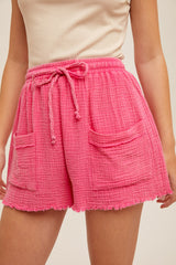 Front Ribbon Tie Fringe Cargo Shorts