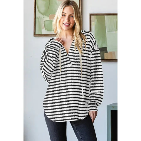 Long Puff Sleeve Striped Hoodie Top