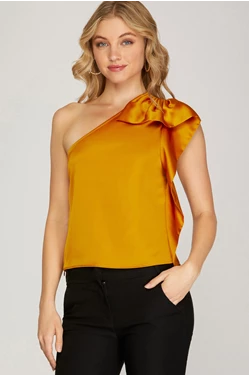 One Shoulder Satin Top with Ruffle Detail