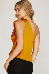 One Shoulder Satin Top with Ruffle Detail