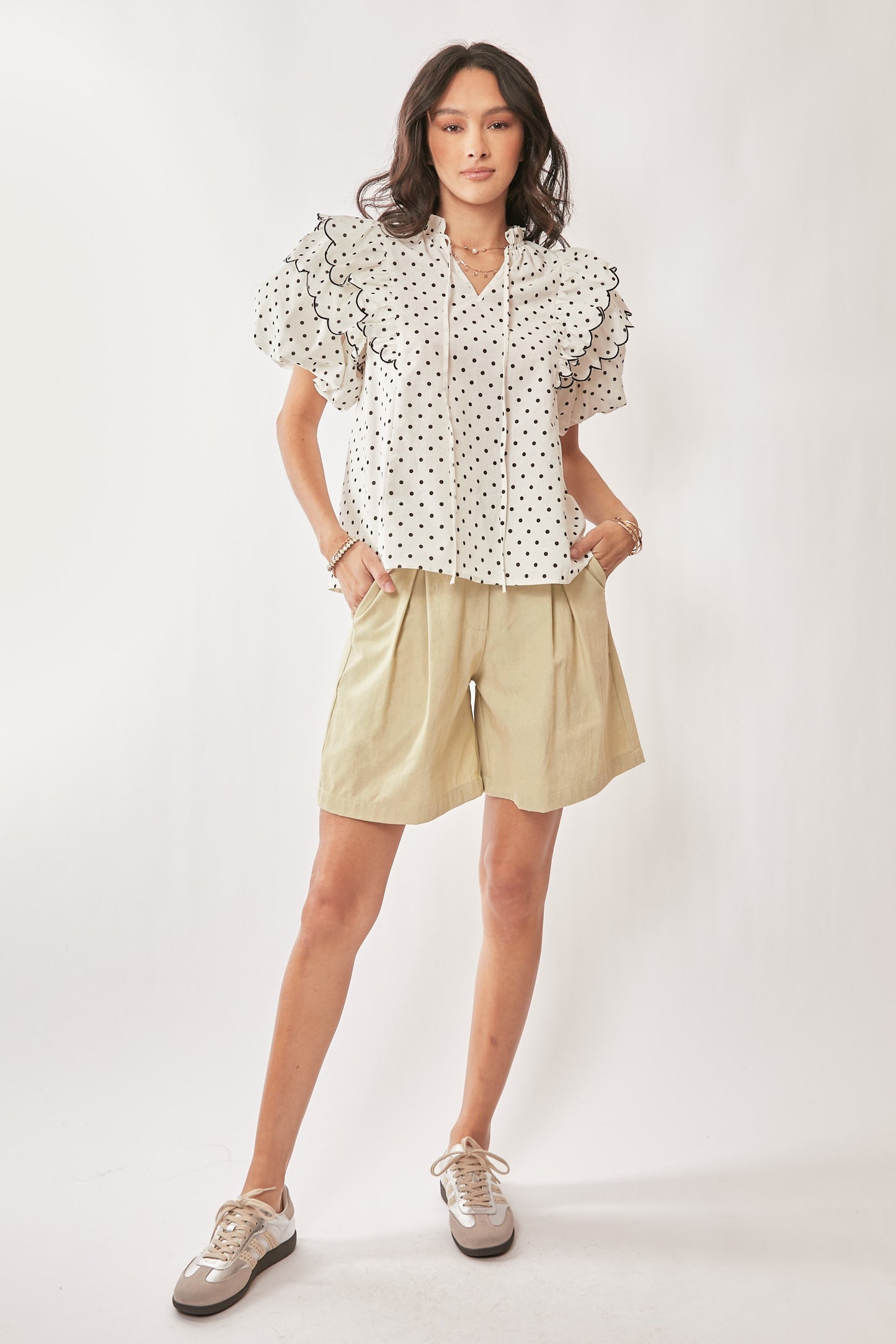 Polka Dot Contrast Ruffle Puff Sleeve Blouse Top