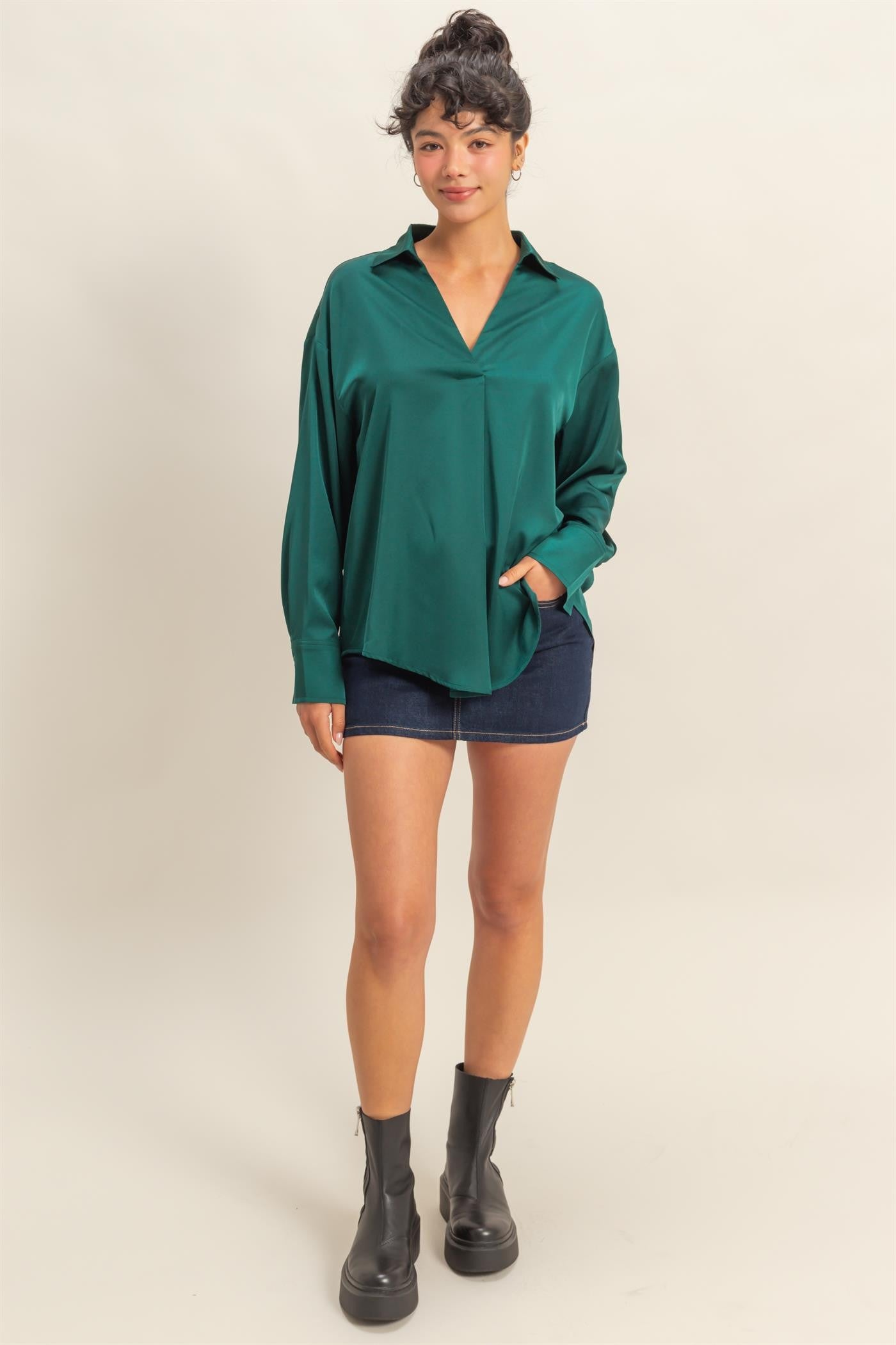 Collared V-Neck Satin Blouse