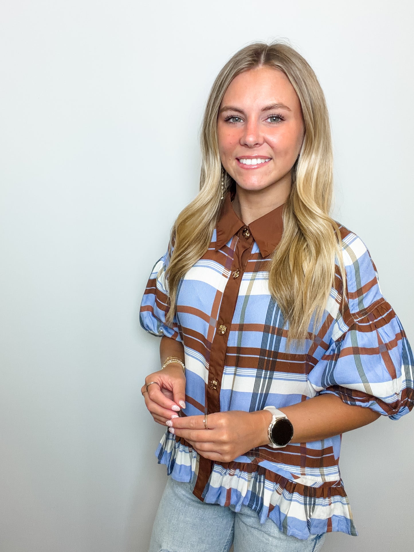 Plaid Short Puff Sleeve Top