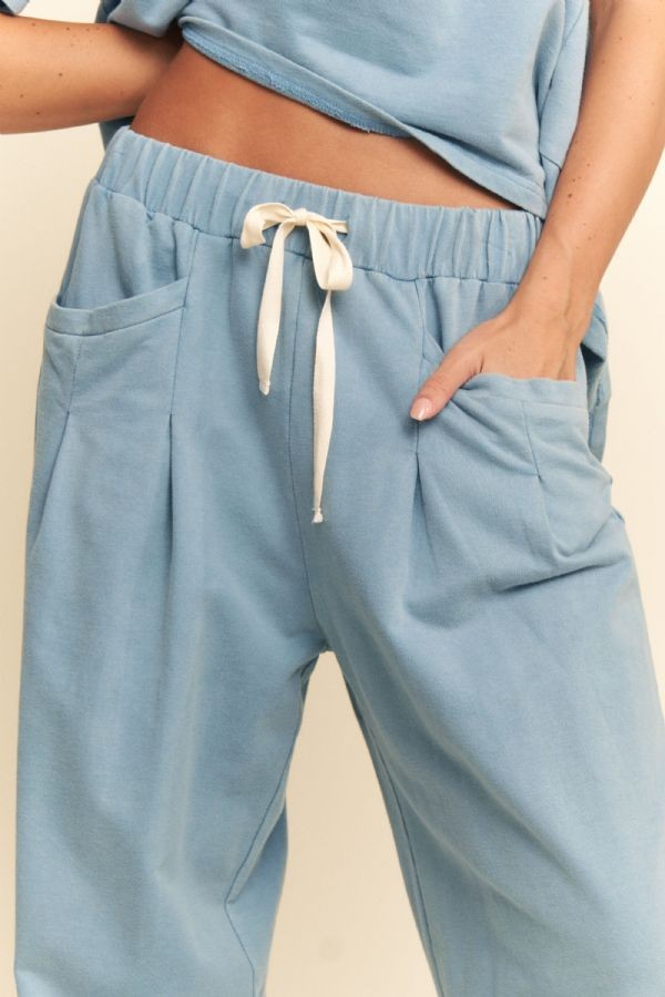 Garment Washed Short Sleeve Pleat Top Pants Set