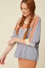 Fleeced Rib Color Block Dolman Sleeve Knit Top