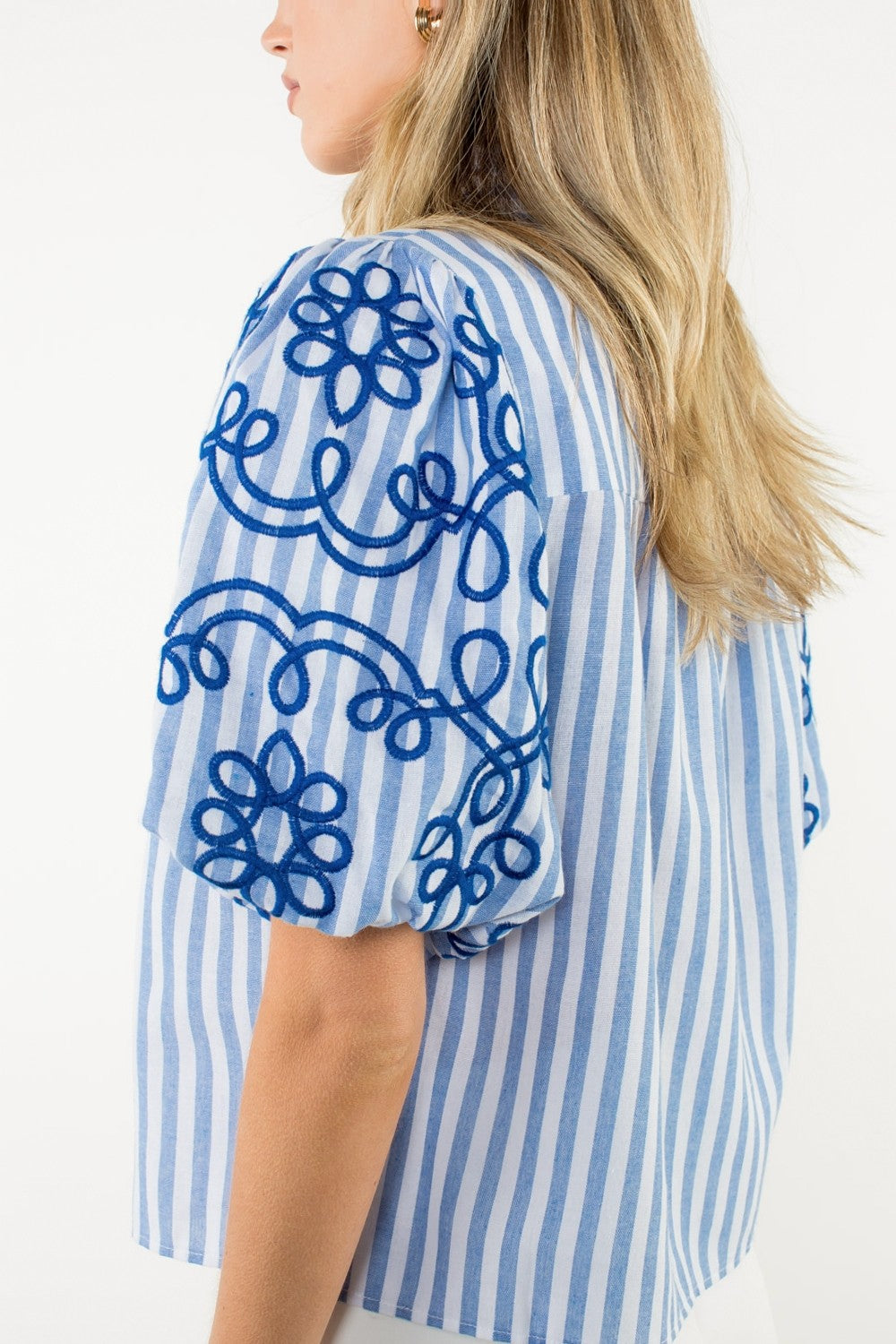 Puff Sleeve Striped Embroidered Top