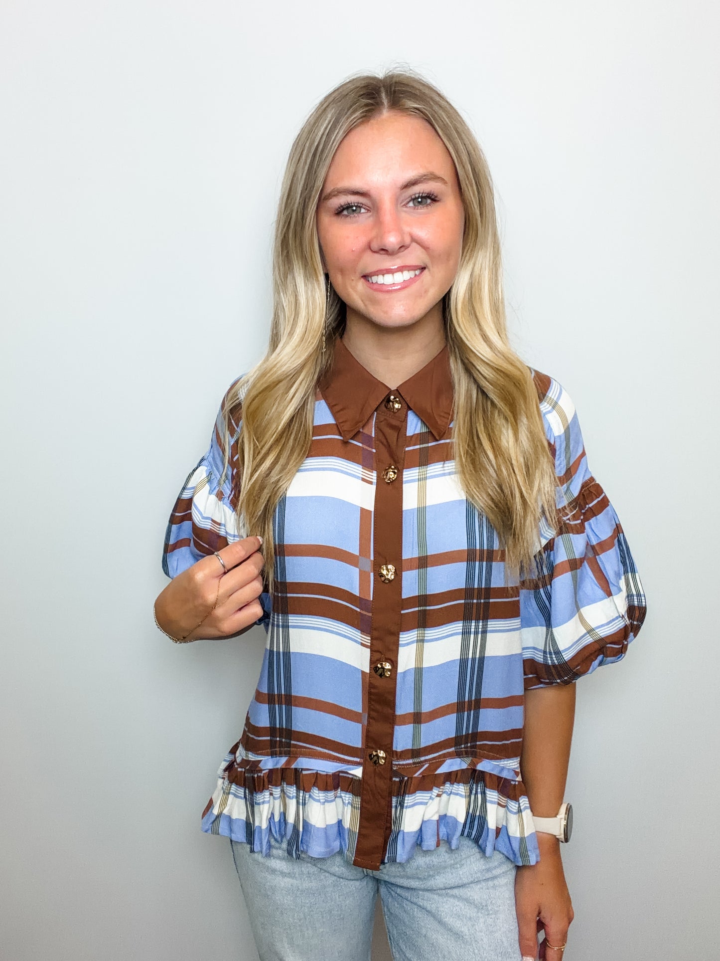 Plaid Short Puff Sleeve Top