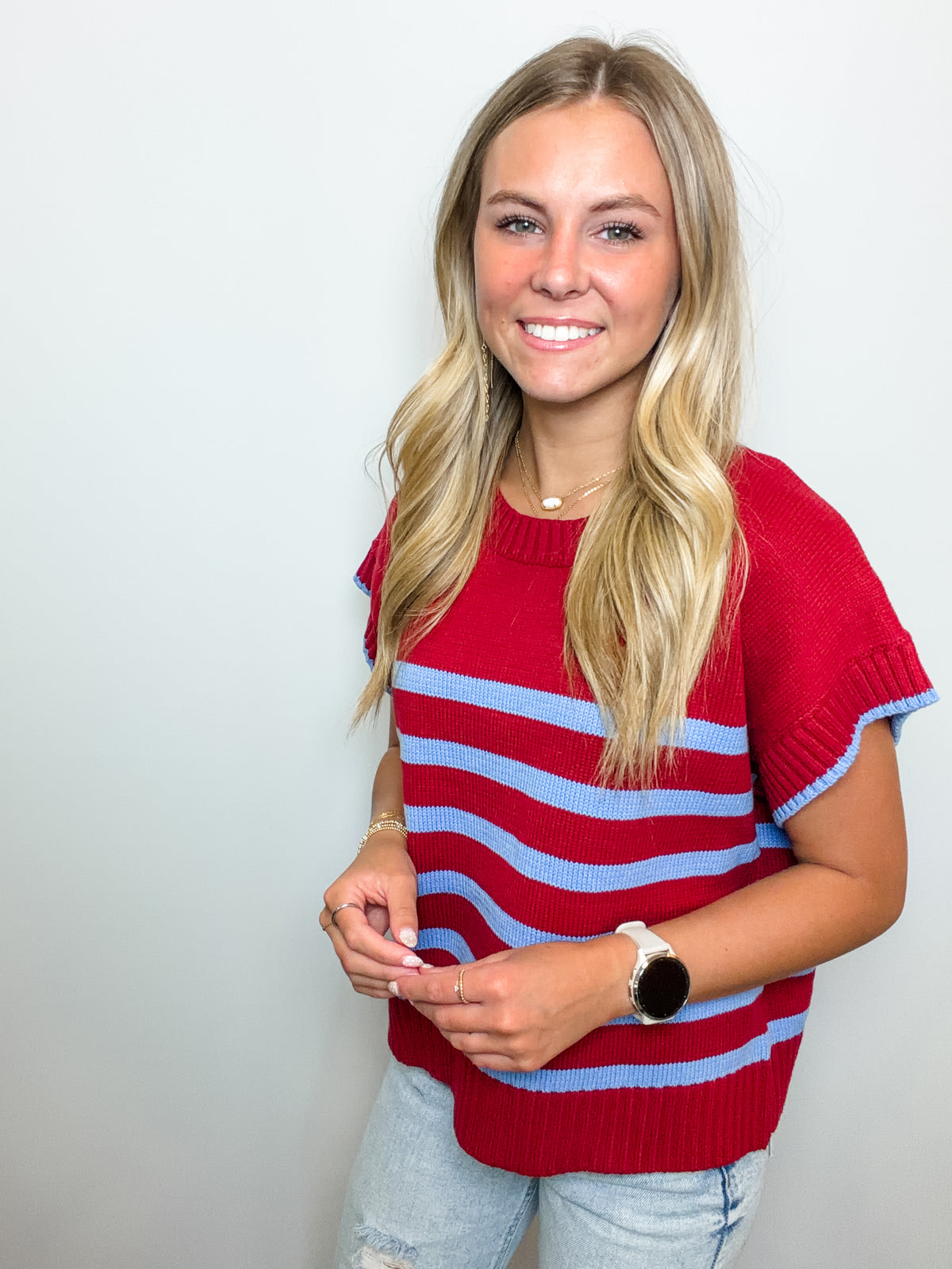 Striped Short Sleeve Sweater Knit Top