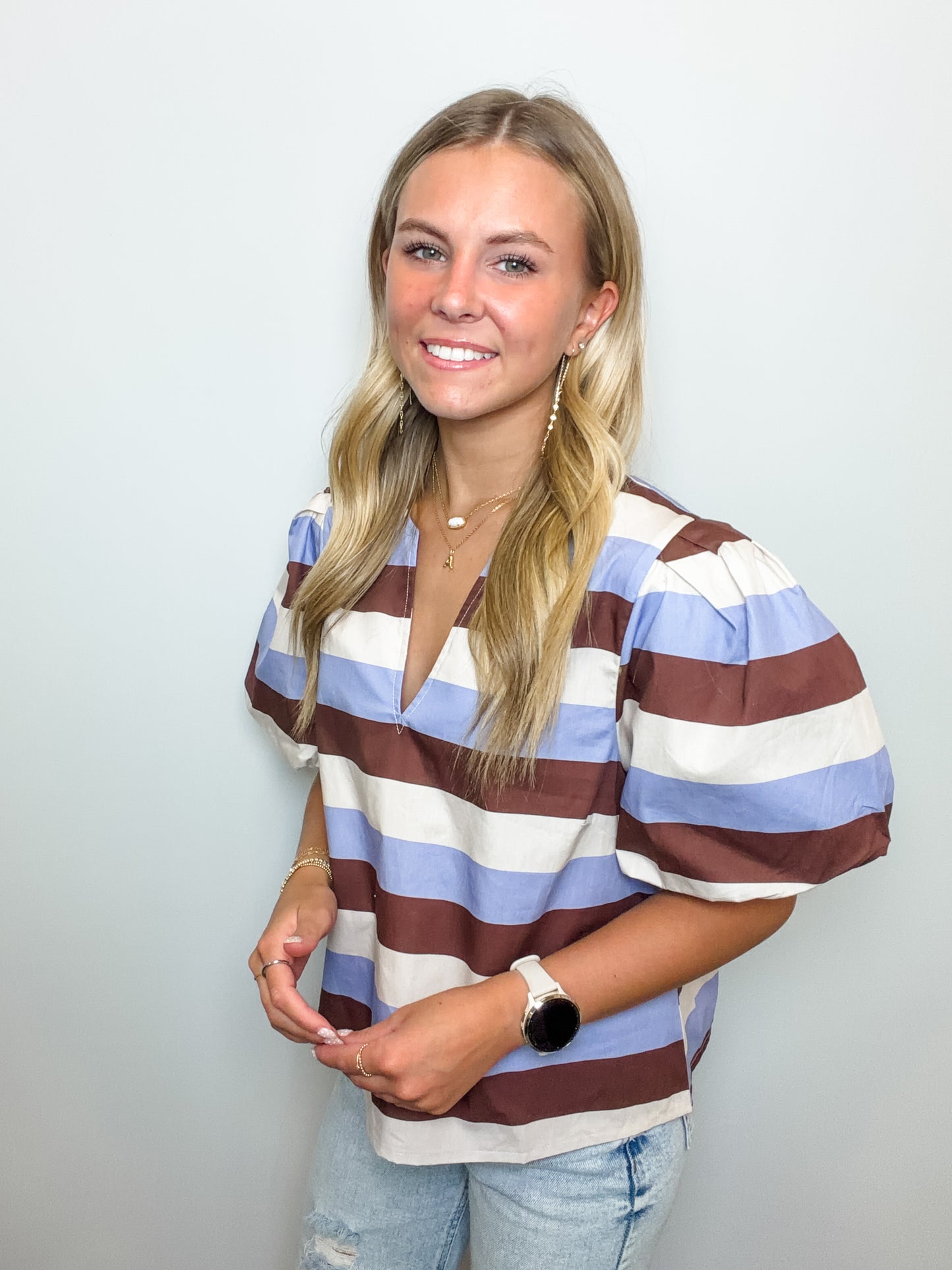 Stripe Short Puff Sleeve Top