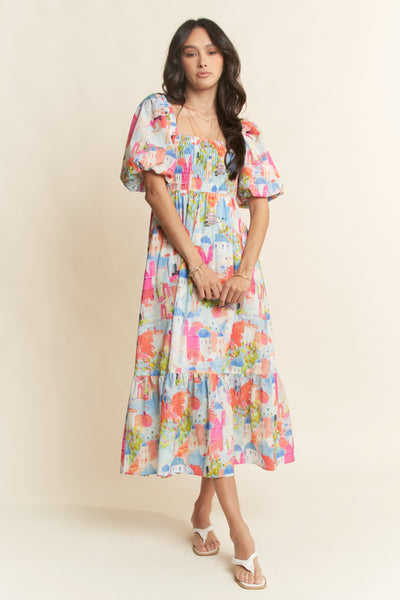 Balloon Short Sleeve Smocking Bodice Midi Dress