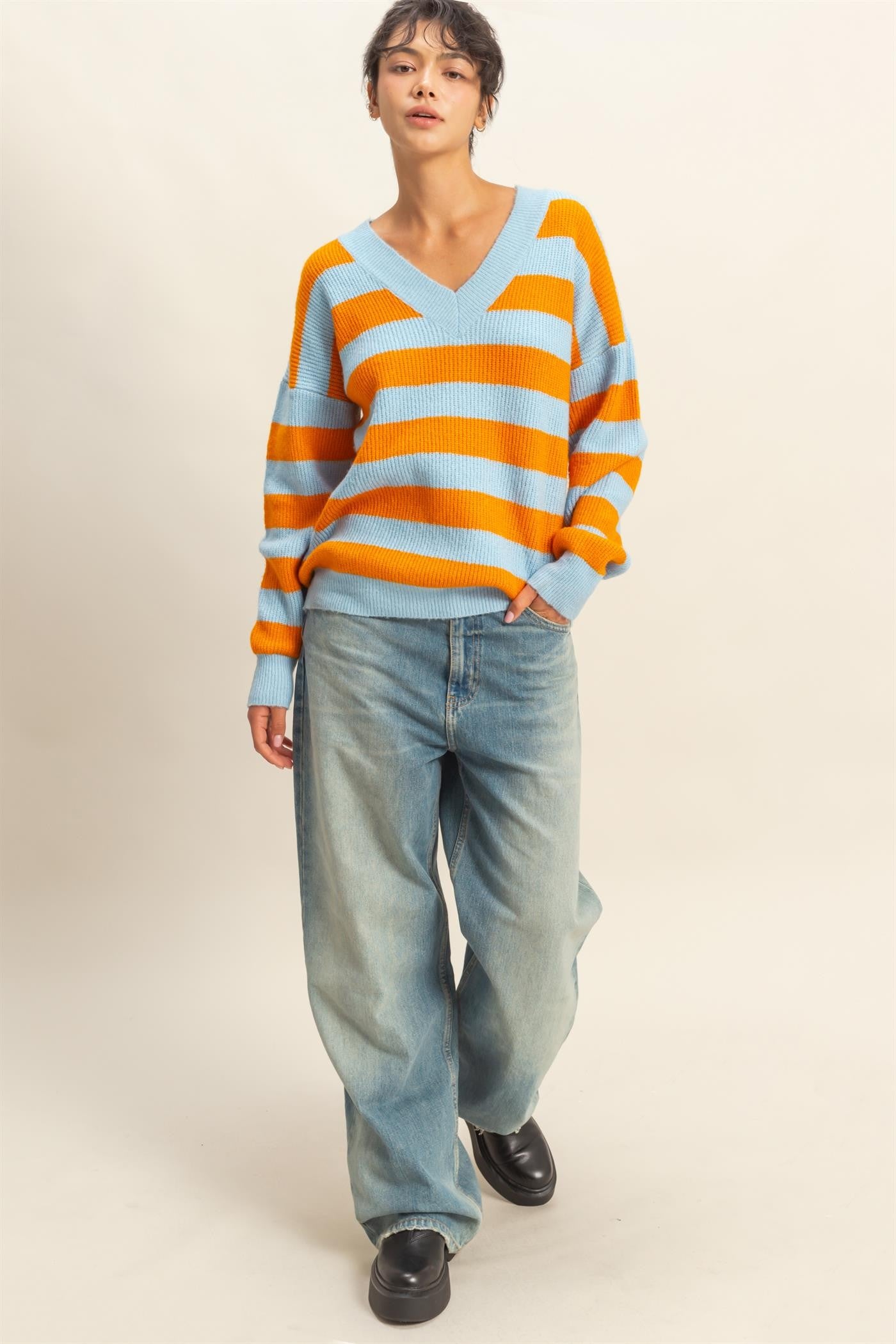 Oversized Striped V-Neck Sweater