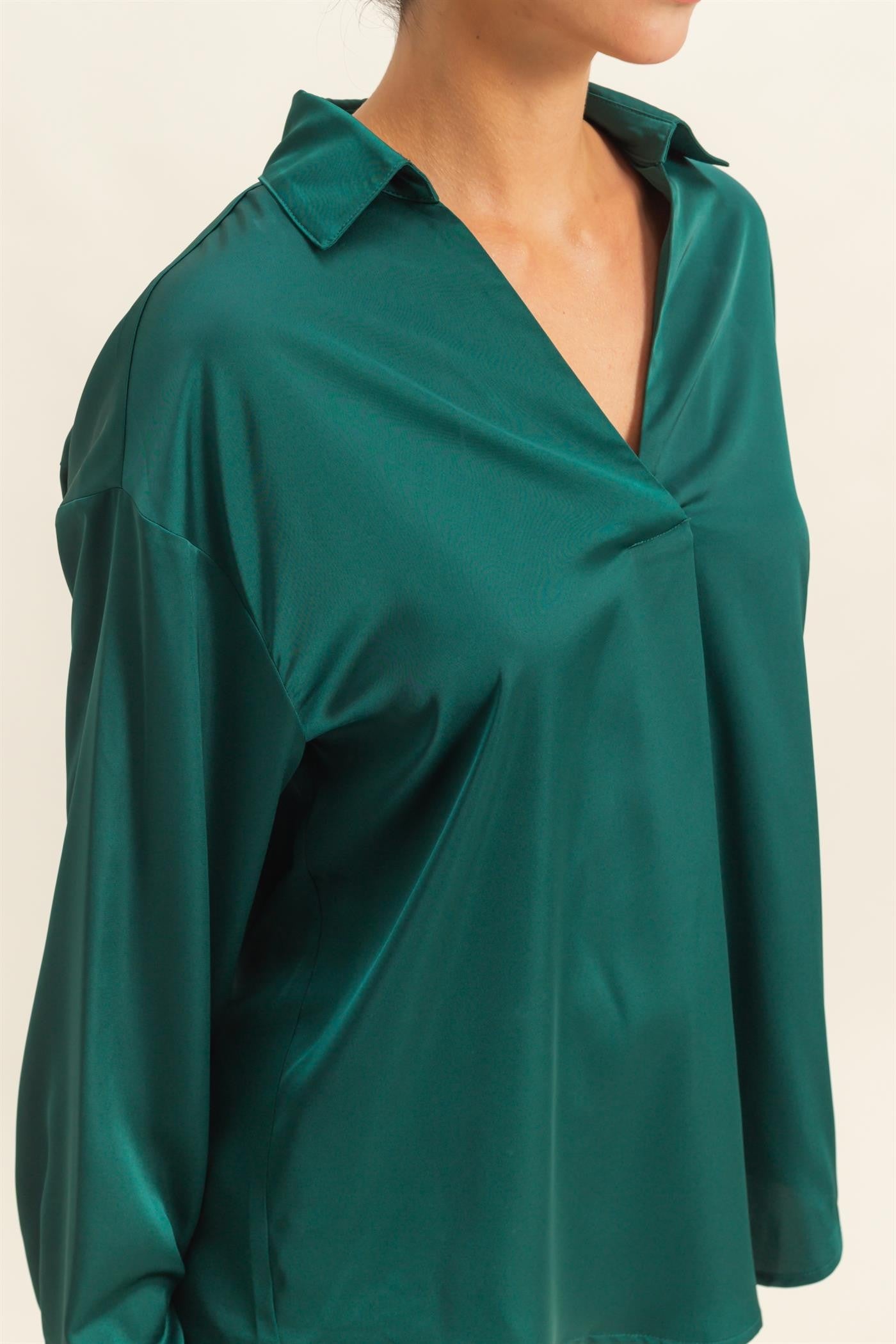 Collared V-Neck Satin Blouse