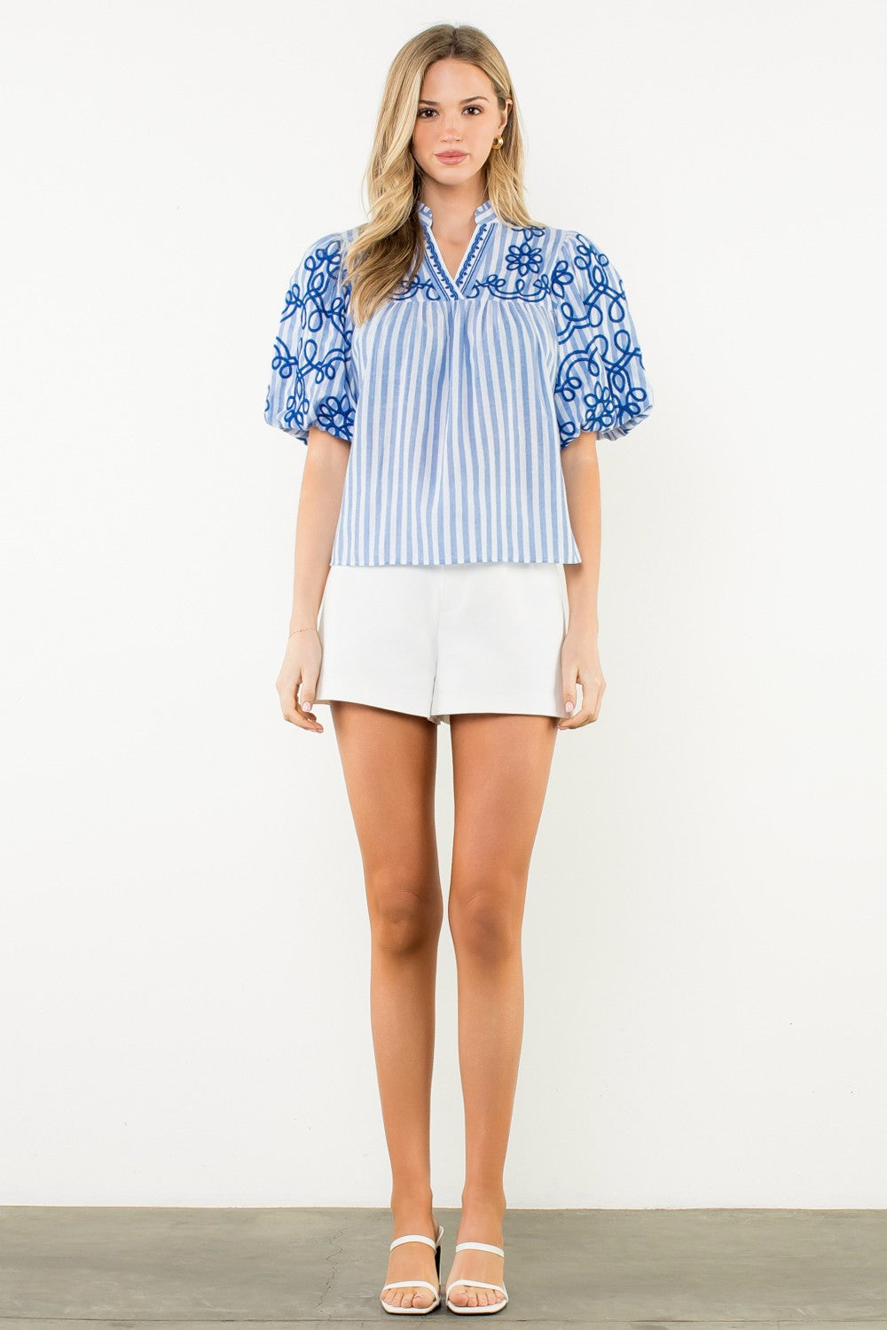 Puff Sleeve Striped Embroidered Top