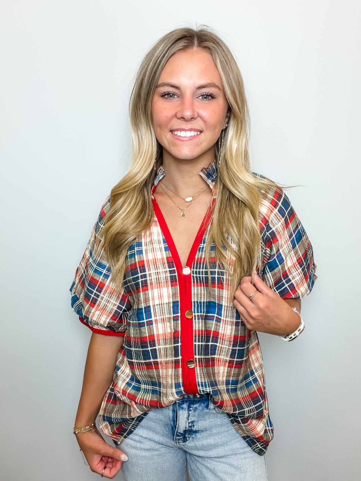 Plaid Short Balloon Sleeve V-Neck Top
