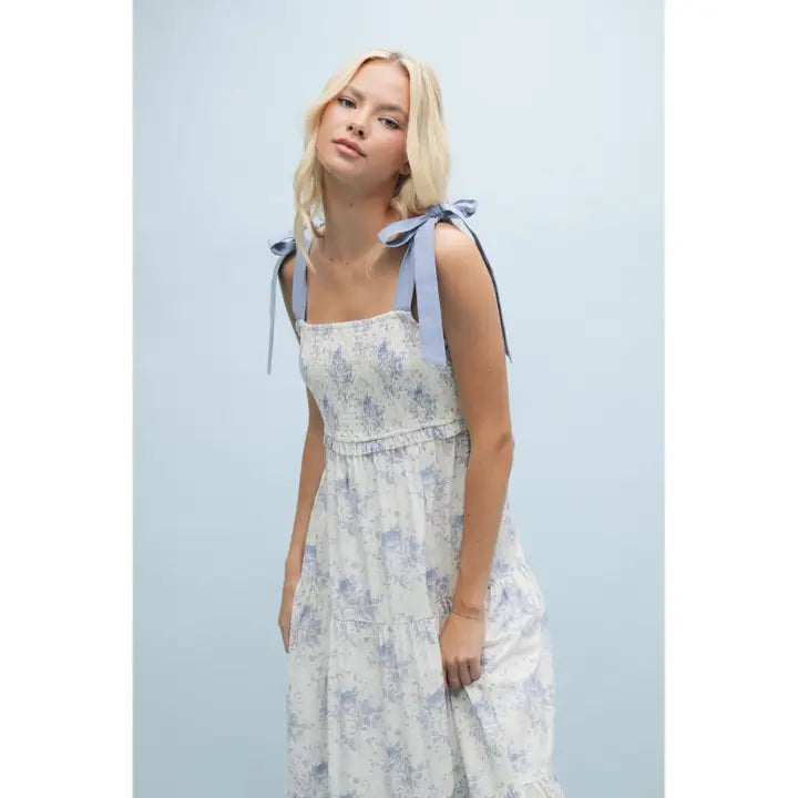 Floral Self Tie Shoulder Straps Maxi Dress