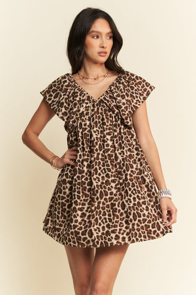 Animal Printed Velvet Ribbon Mini Dress