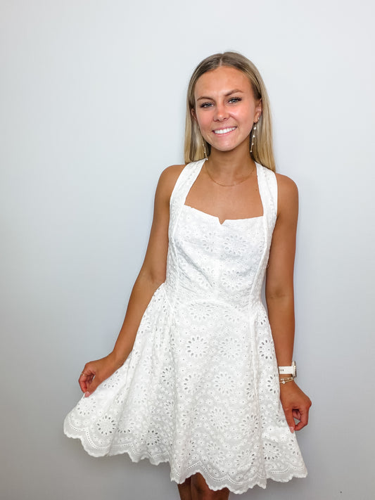 Eyelet Back Lace Up Scallop Hem Mini Dress