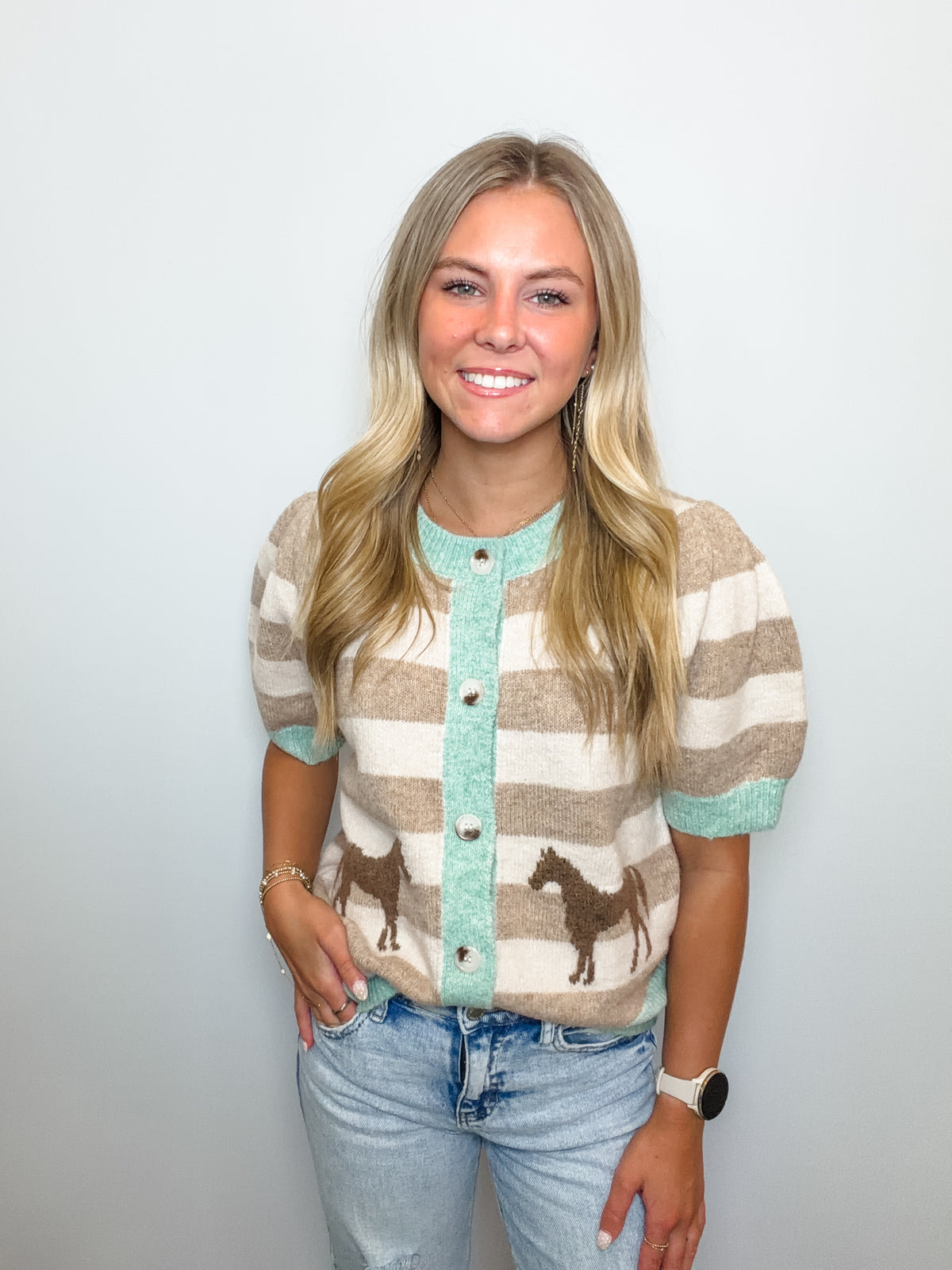 Stripe Horse Short Puff Sleeve Cardigan