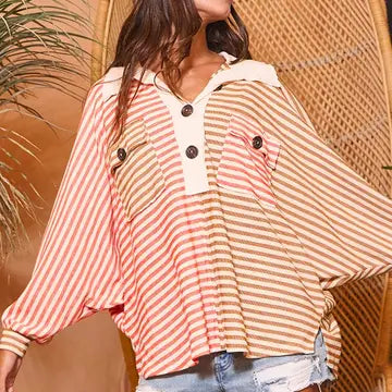 Striped Color-Block Oversized Button Up Tunic Top