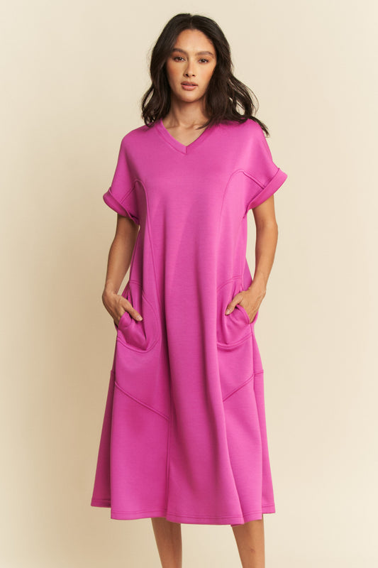 Soft Knit V Neck Short Sleeve Shift Midi Dress