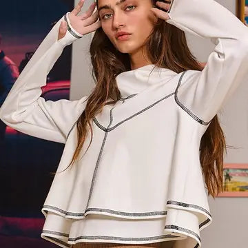 Reverse Stitch Detail Double Layered Crop Hoodie Top