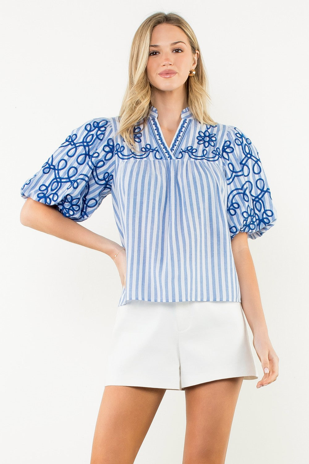 Puff Sleeve Striped Embroidered Top