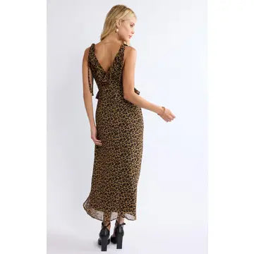 Be Fierce Leopard Tie Strap Ruffled Maxi Dress