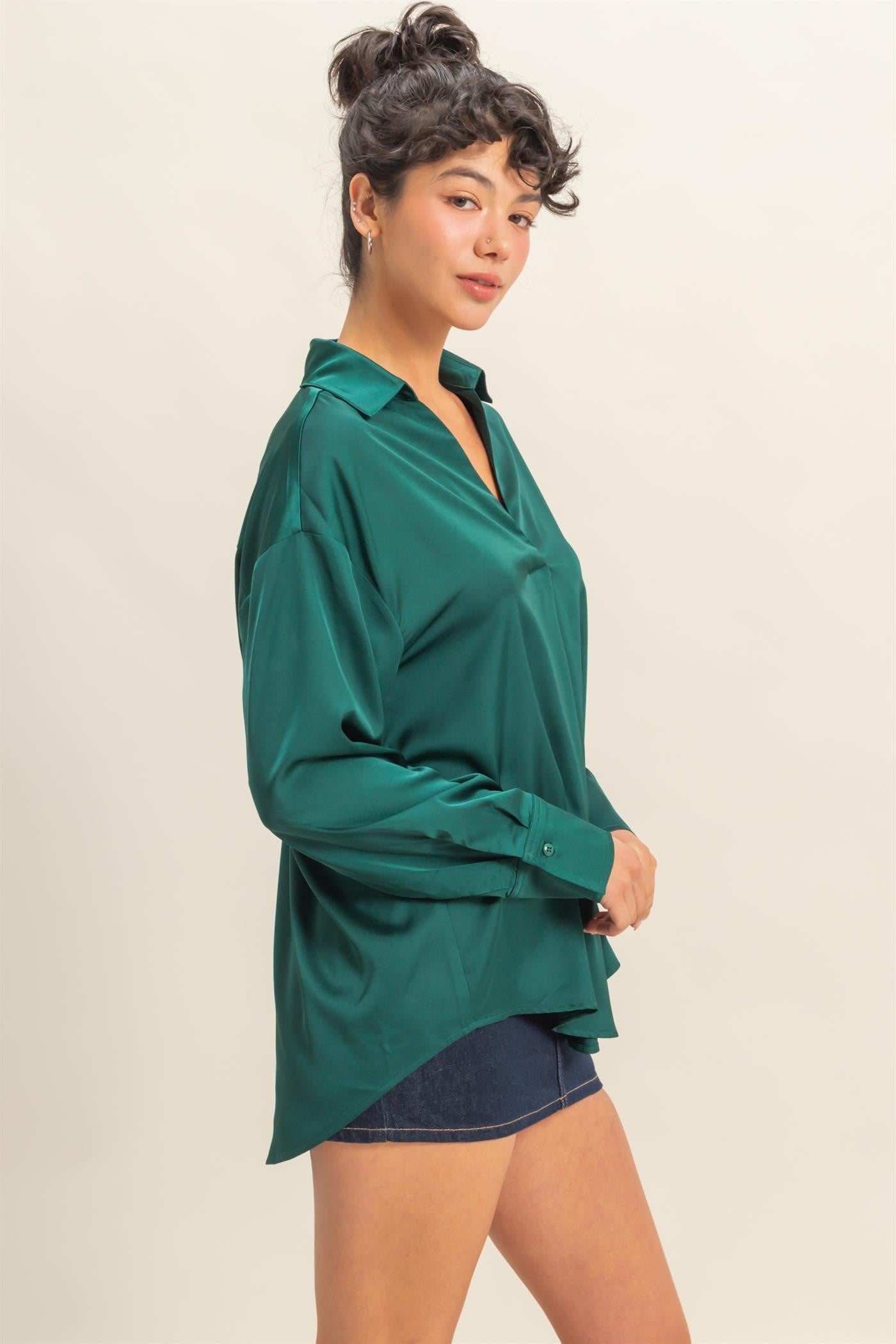 Collared V-Neck Satin Blouse