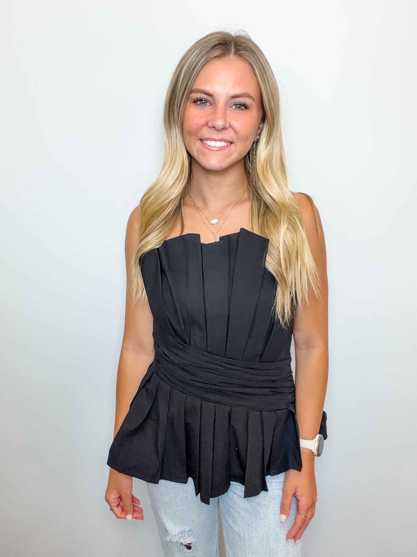 Solid Strapless Pleated Top