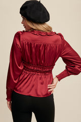 Satin Ruffled V-neck Long Sleeve Blouse