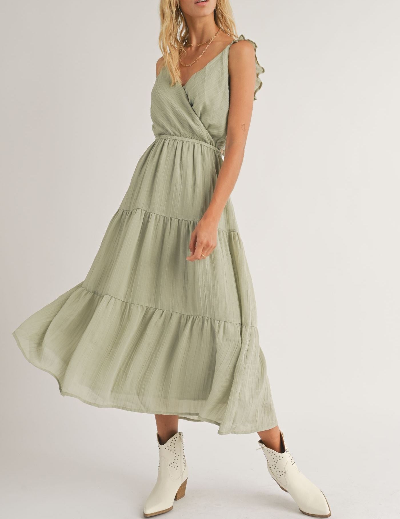 Steady Surplice Top Tiered Midi Dress