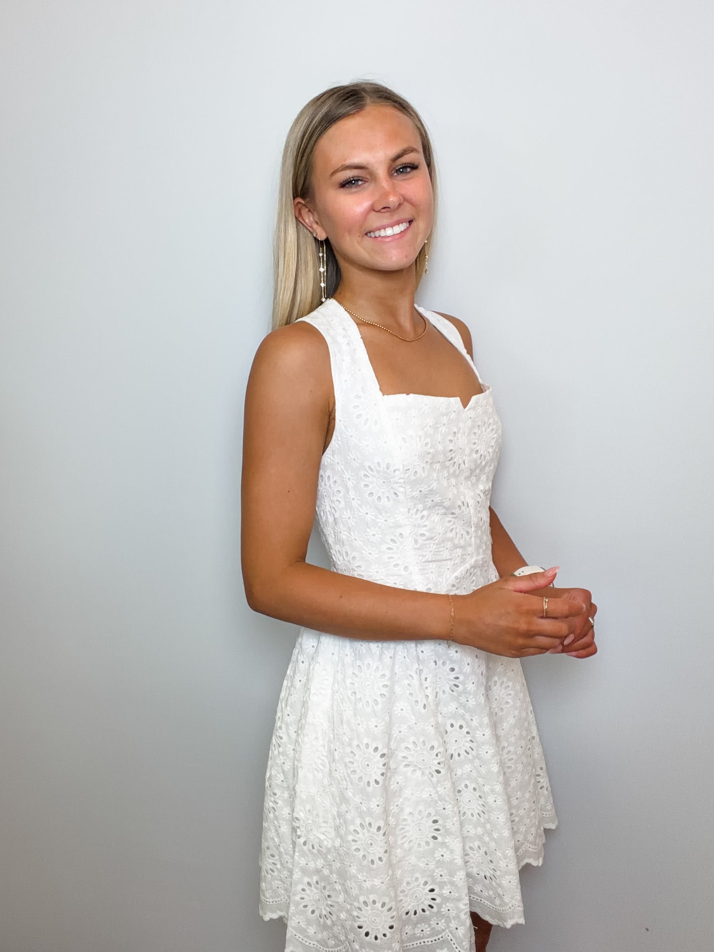 Eyelet Back Lace Up Scallop Hem Mini Dress