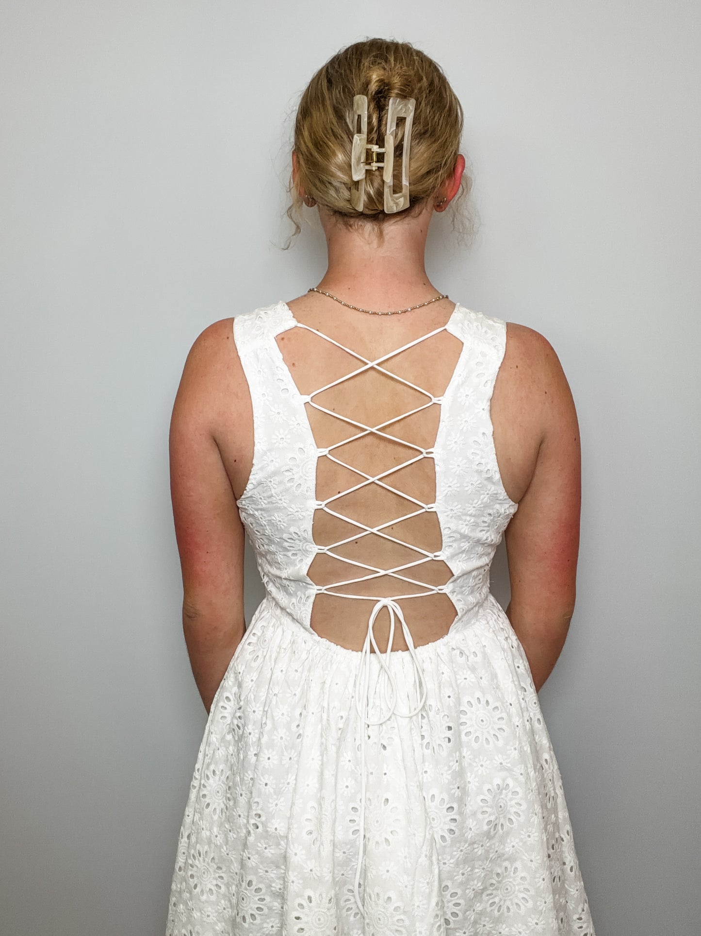 Eyelet Back Lace Up Scallop Hem Mini Dress