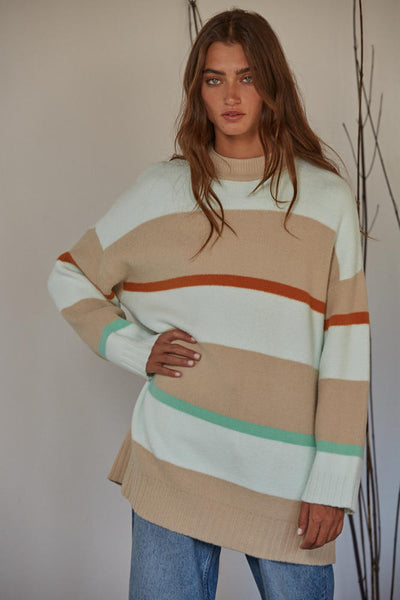 Long Sleeve Striped Detailed Mock Neck Oversized Sweater Top