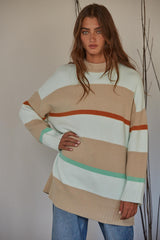 Long Sleeve Striped Detailed Mock Neck Oversized Sweater Top