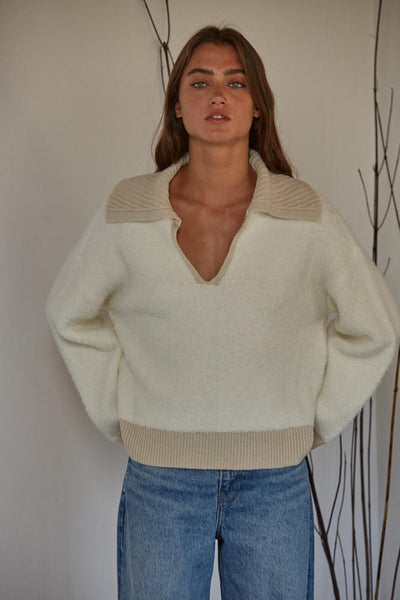 Knit Sweater V-Neck Collar Long Sleeve Top