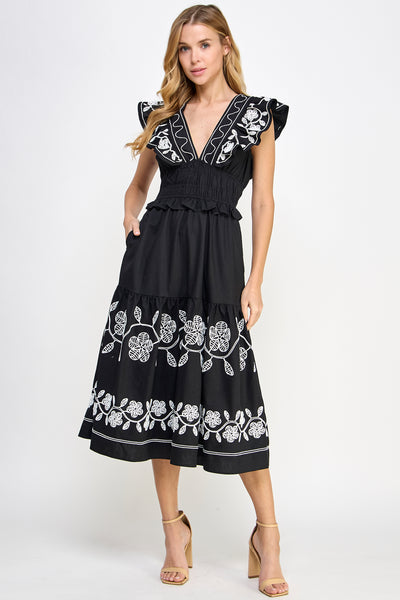 Embroidery Detailed Ruffle Linen Long Dress