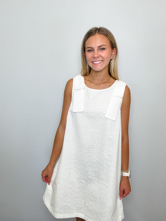 Bow Shoulder Floral Eyelet Shift Mini Dress