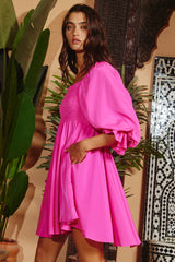 Puff Sleeve Smock Solid Mini Dress