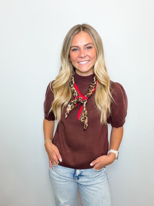 Solid Short Puff Sleeve Knit Top