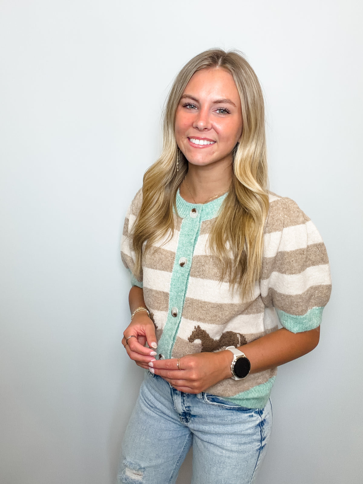 Stripe Horse Short Puff Sleeve Cardigan