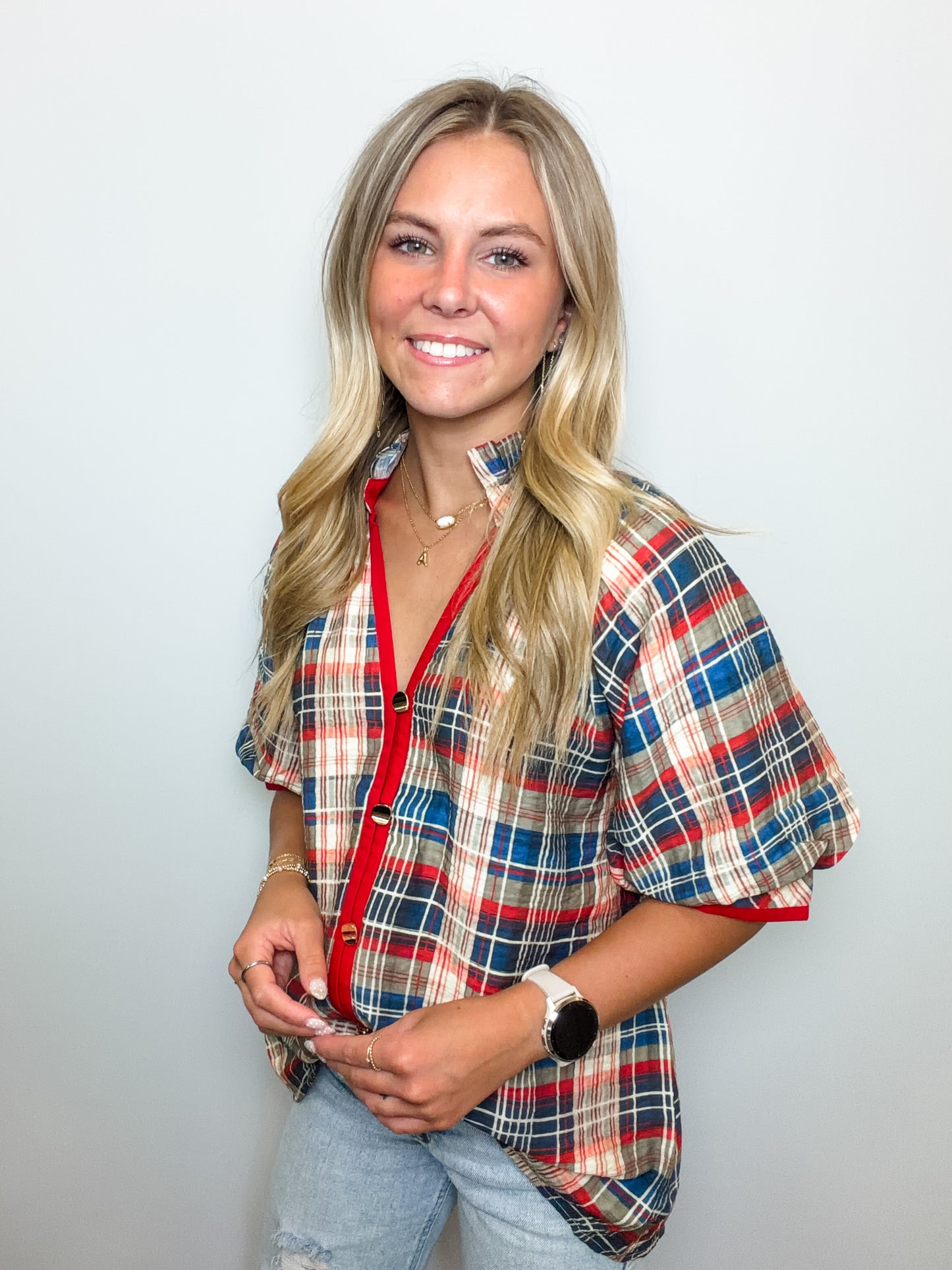 Plaid Short Balloon Sleeve V-Neck Top