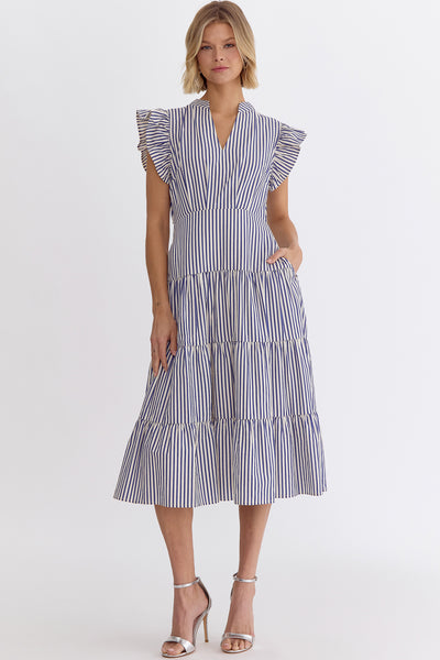Striped V-neck Sleeveless Midi Dress