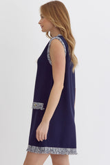 Round Neck Sleeveless Contrasting Trim Detail Mini Dress