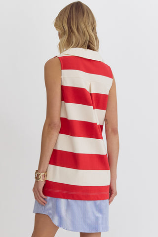Stripe Print V-Neck Collared Sleeveless Mini Dress