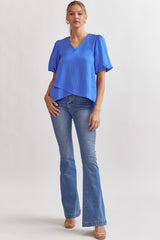 Solid V-Neck Puff Sleeve Short Sleeve Top